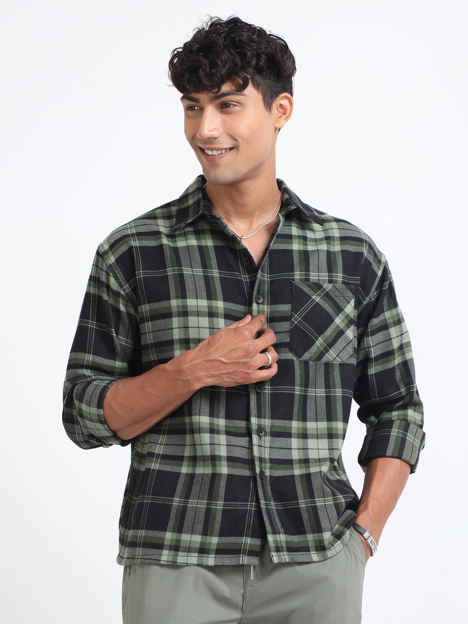 Men Flannel Oversized Shirt-Olive