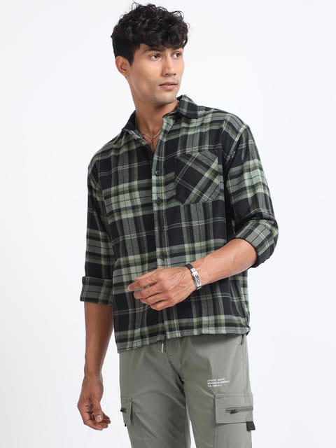 Men Flannel Oversized Shirt-Olive