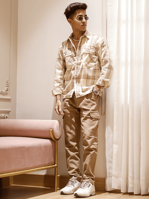 Men Flannel Oversized Shirt-Beige