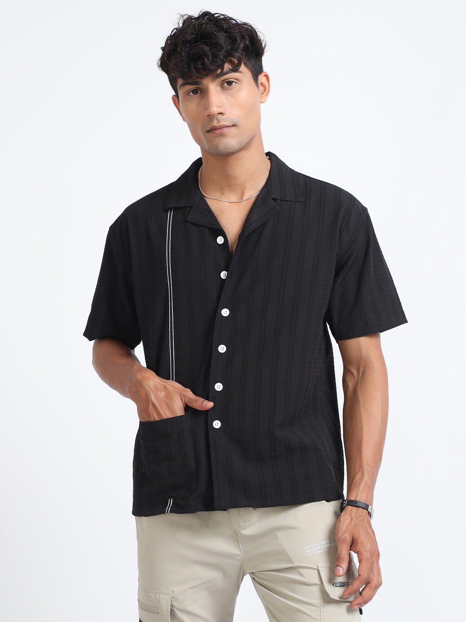 Men Striped Jacquard Oversized Shirt-Charcoal