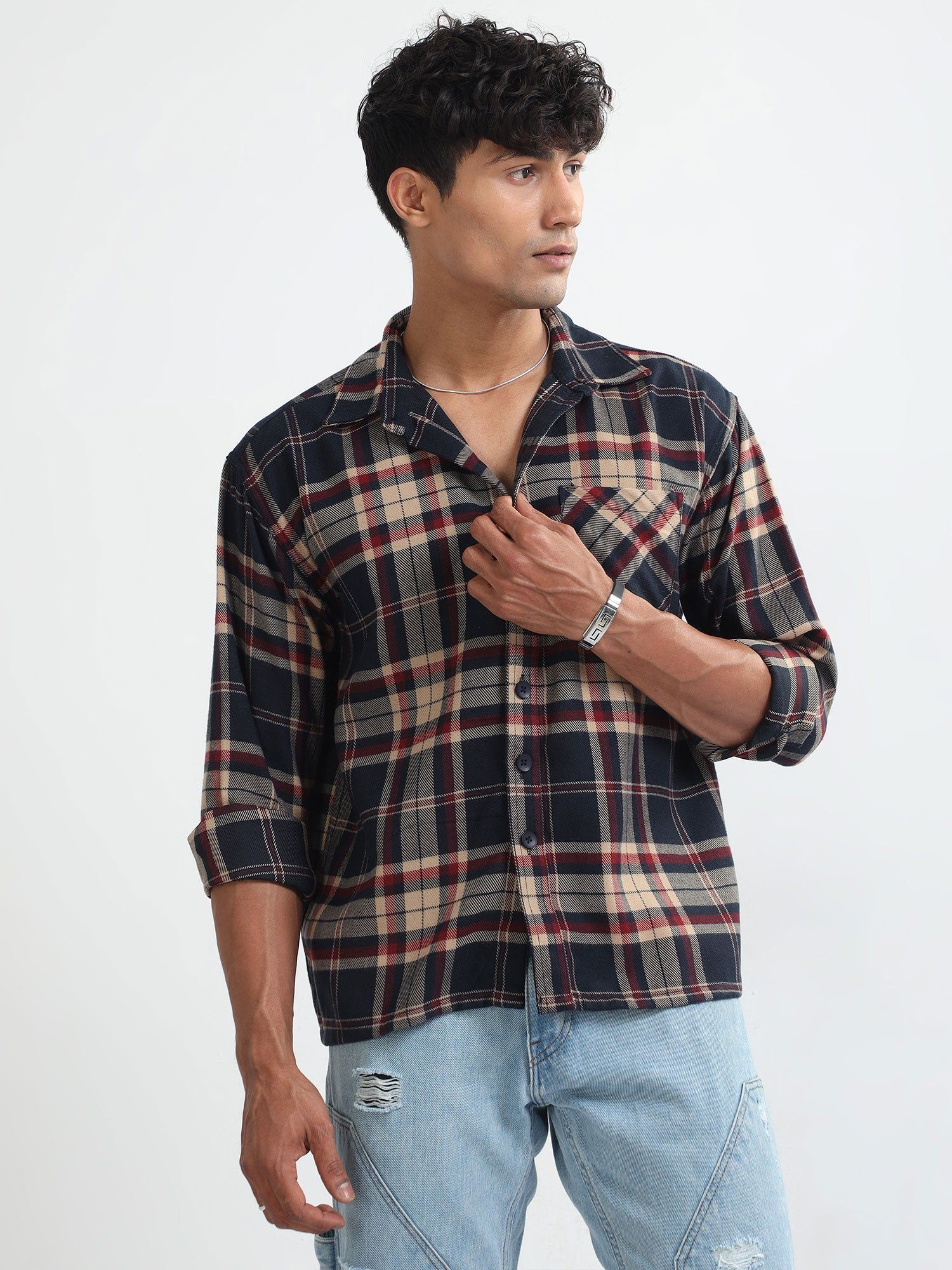 Men Flannel Oversized Shirt-Navy