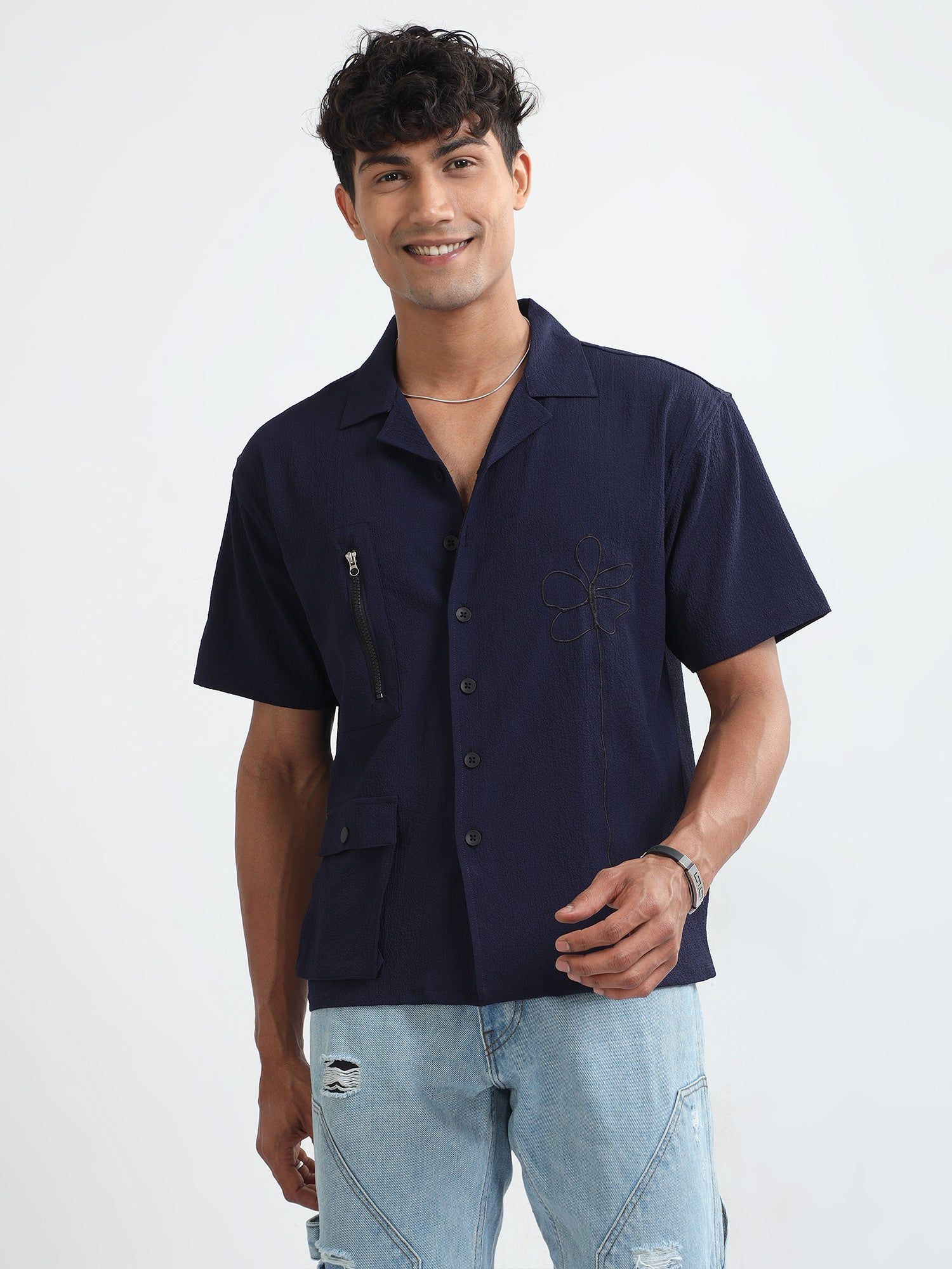 Men Bloom Popcorn Oversized Shirt-Navy