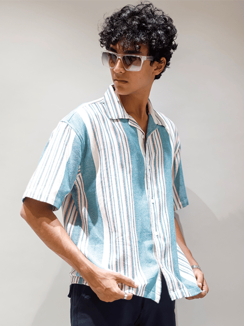 Men Striped Jacquard Oversized Shirt-Mint