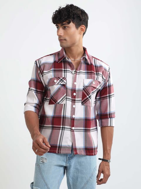 Men Flannel Oversized Shirt-Red