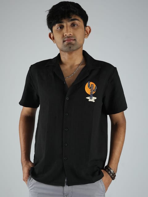 Men Embroidered Stripes Shirt-Black