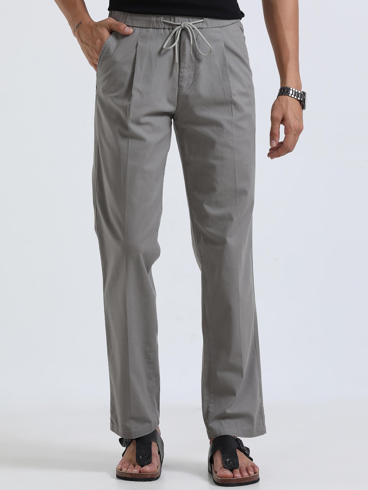 Men Lazy Linen Pleat Pant-Lt Grey