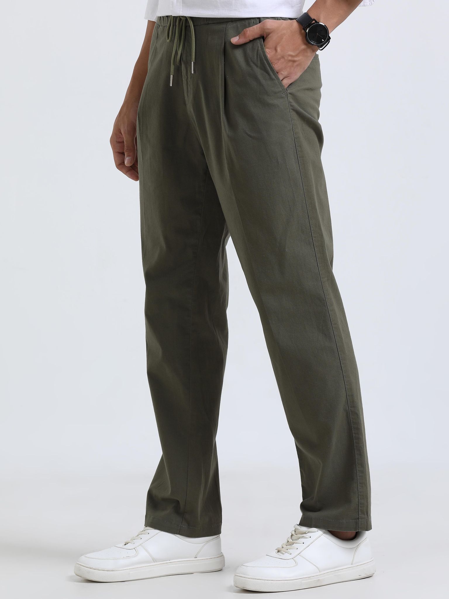 Men Lazy Linen Pleat Pant-Olive