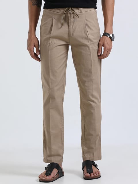 Men Lazy Linen Pleat Pant-Khaki