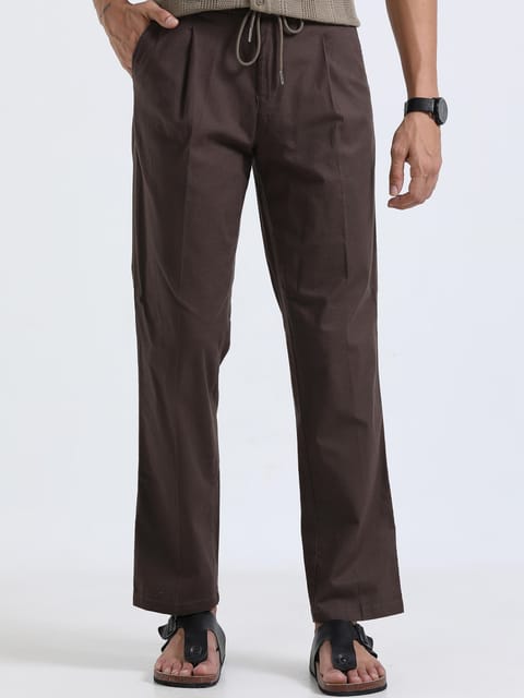 Men Lazy Linen Pleat Pant-Brown