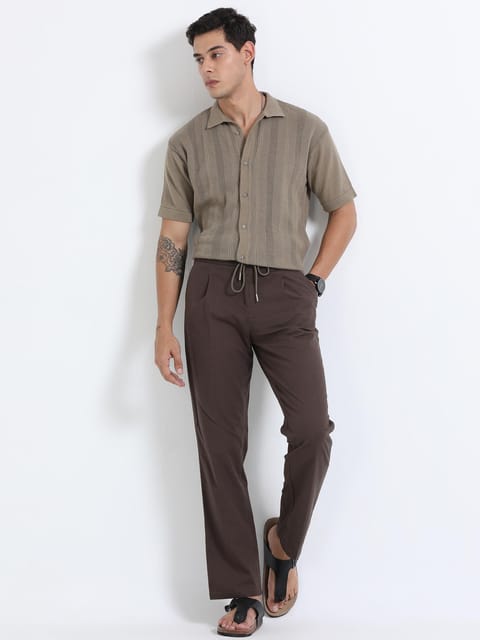 Men Lazy Linen Pleat Pant-Brown