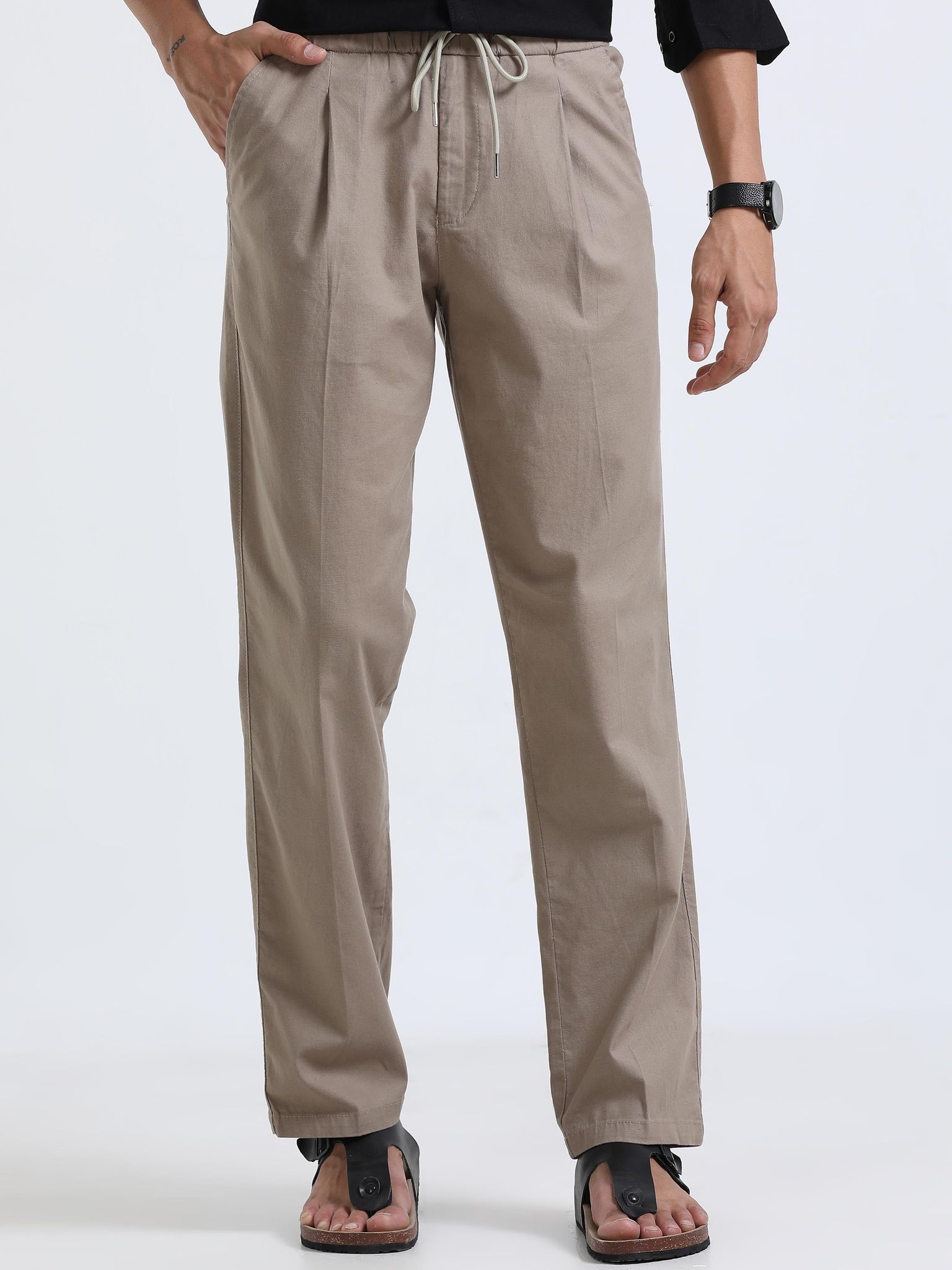 Men Lazy Linen Pleat Pant-Biscuit