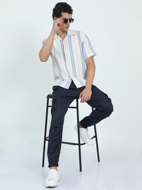 Men Striped Jacquard Oversized Shirt-Sky Blue