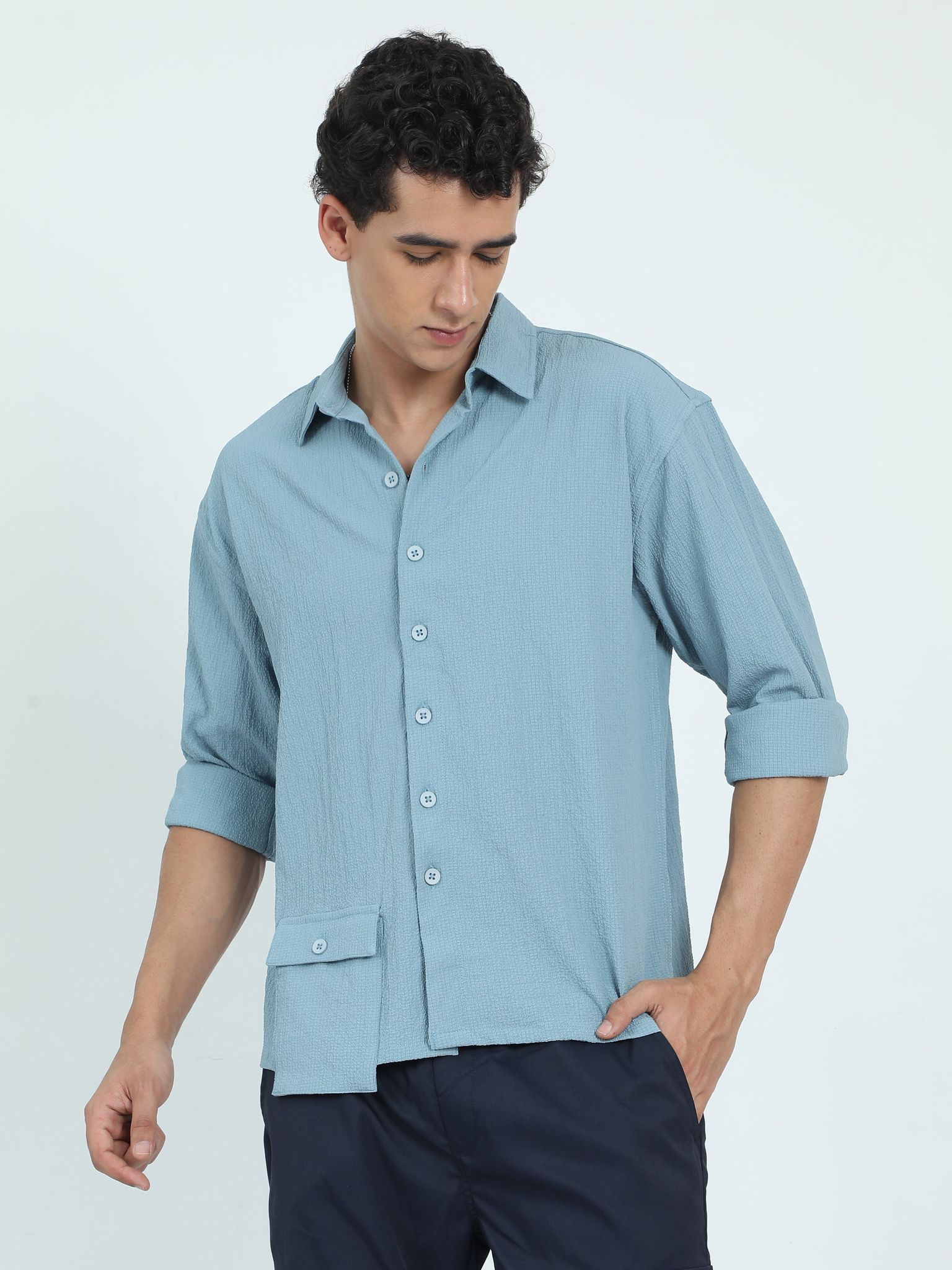 Men Drop Pocket Popcorn Shirt- Mint