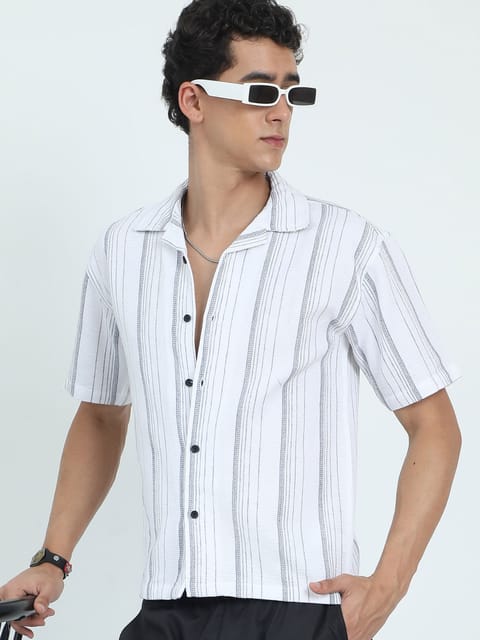 Men Striped Jacquard Oversized Shirt-White