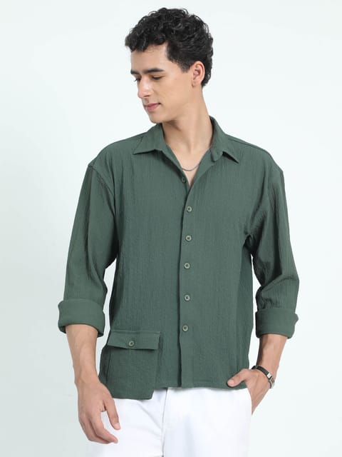 Men Drop Pocket Popcorn Shirt- Olive