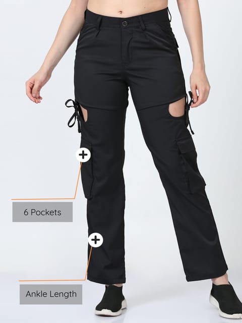 Women Dual Pocket Slashed Trousers-Black