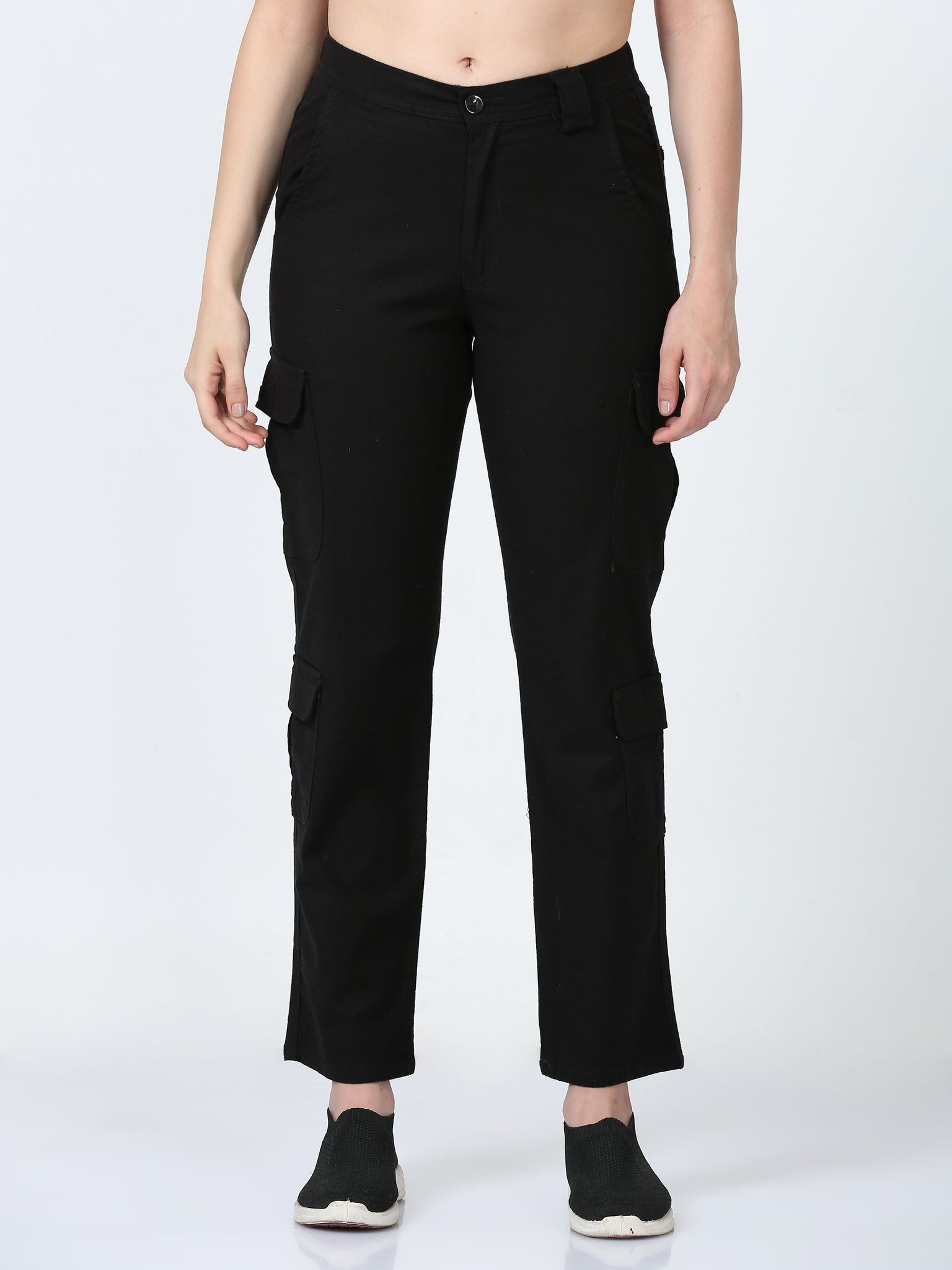 Women Lazy Linen Cargo Trousers-Black