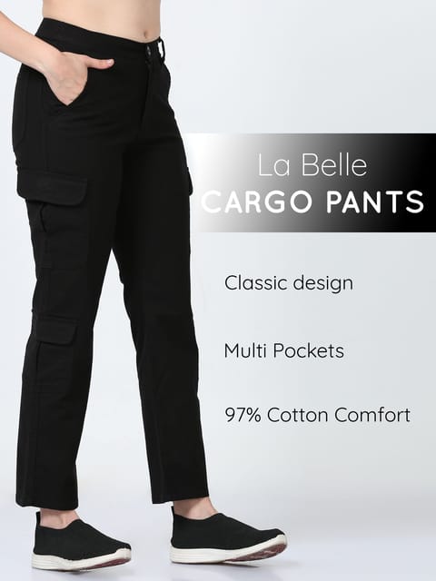 Women Lazy Linen Cargo Trousers-Black