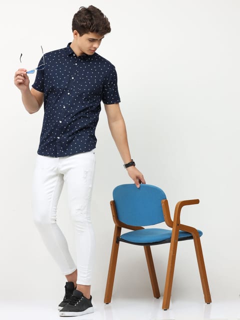 Navy Short Sleeve Print Shirt 22USH0097