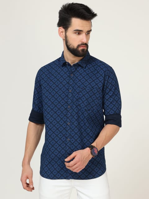 Urbaro Navy Long Sleeve Print Shirt 22USH0358