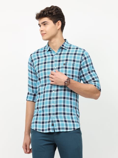 Sky blue long sleeve check shirt 22USH0323