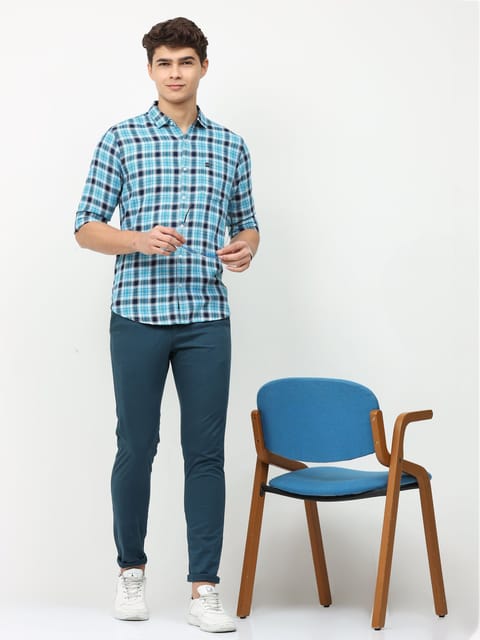 Sky blue long sleeve check shirt 22USH0323