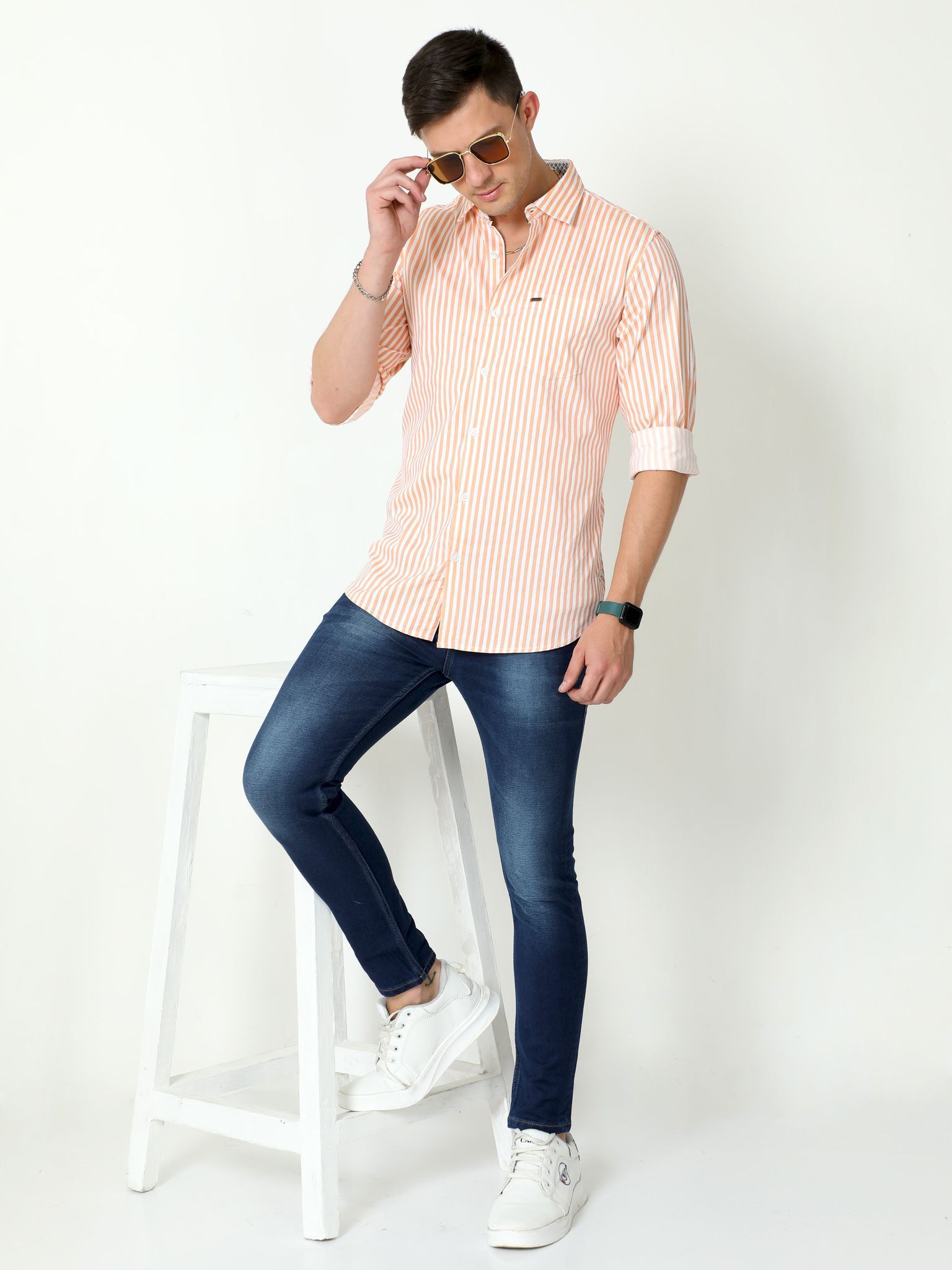 Orange Full Sleeve Stripes Shirt 22USH0834