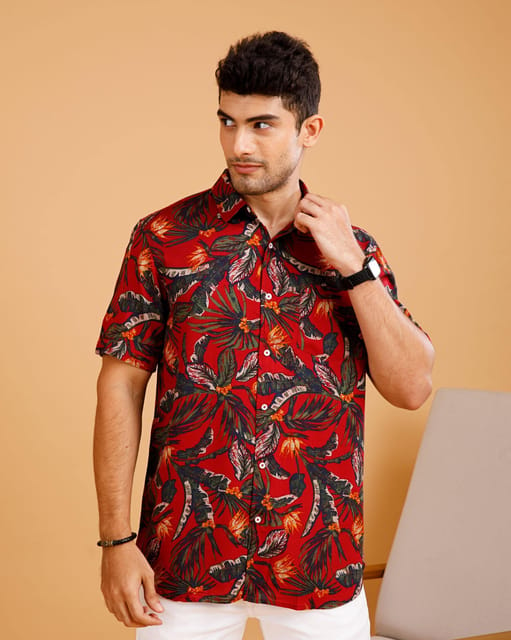 Tropical ECOVERO Maroon Print Shirt 23USH1730