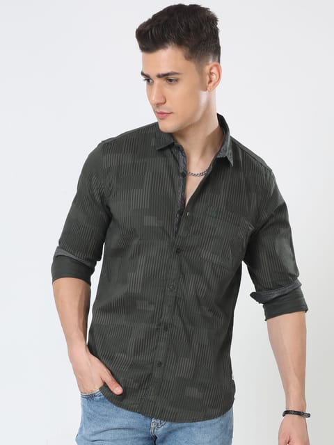 Urbaro Olive Striped Shirt For Men 23USH1408