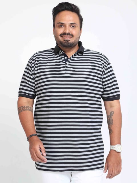 Plus Size Black & Grey Stripe Men's Polo T-shirt