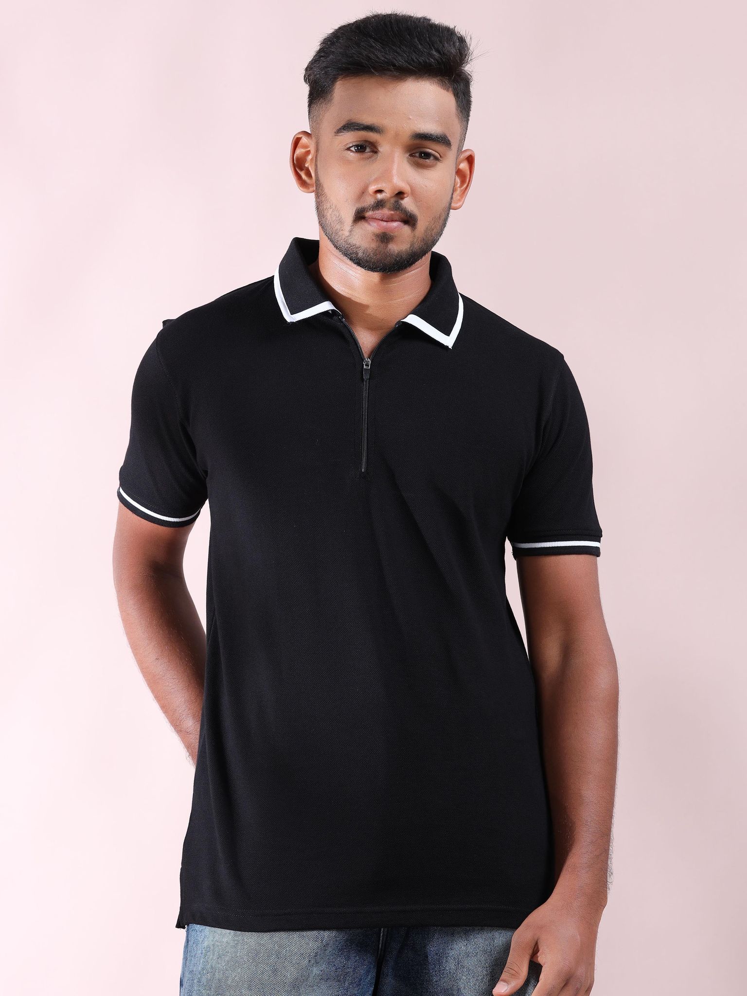 Plus Size White Tipping Polo Collar Black Mirage Pure Cotton T-shirt