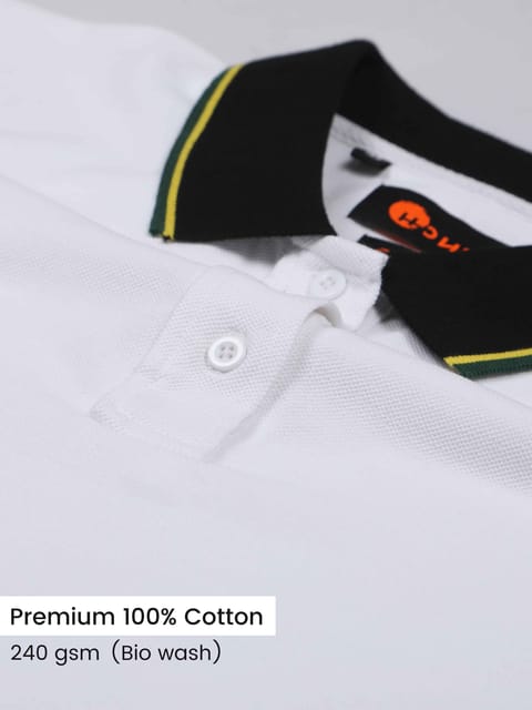 Plus Size Yellow & Green Tipping Polo Collar Mercury White Pure Cotton T-shirt