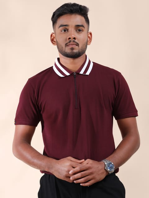 Plus Size White Striped Collar Sepia Maroon Pure Cotton Polo