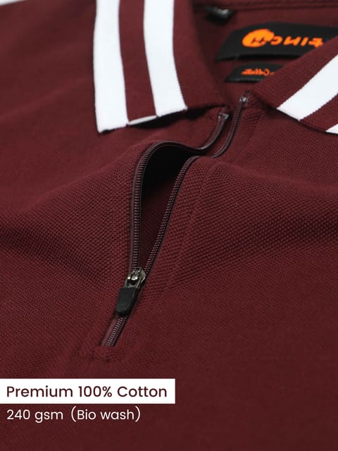 Plus Size White Striped Collar Sepia Maroon Pure Cotton Polo