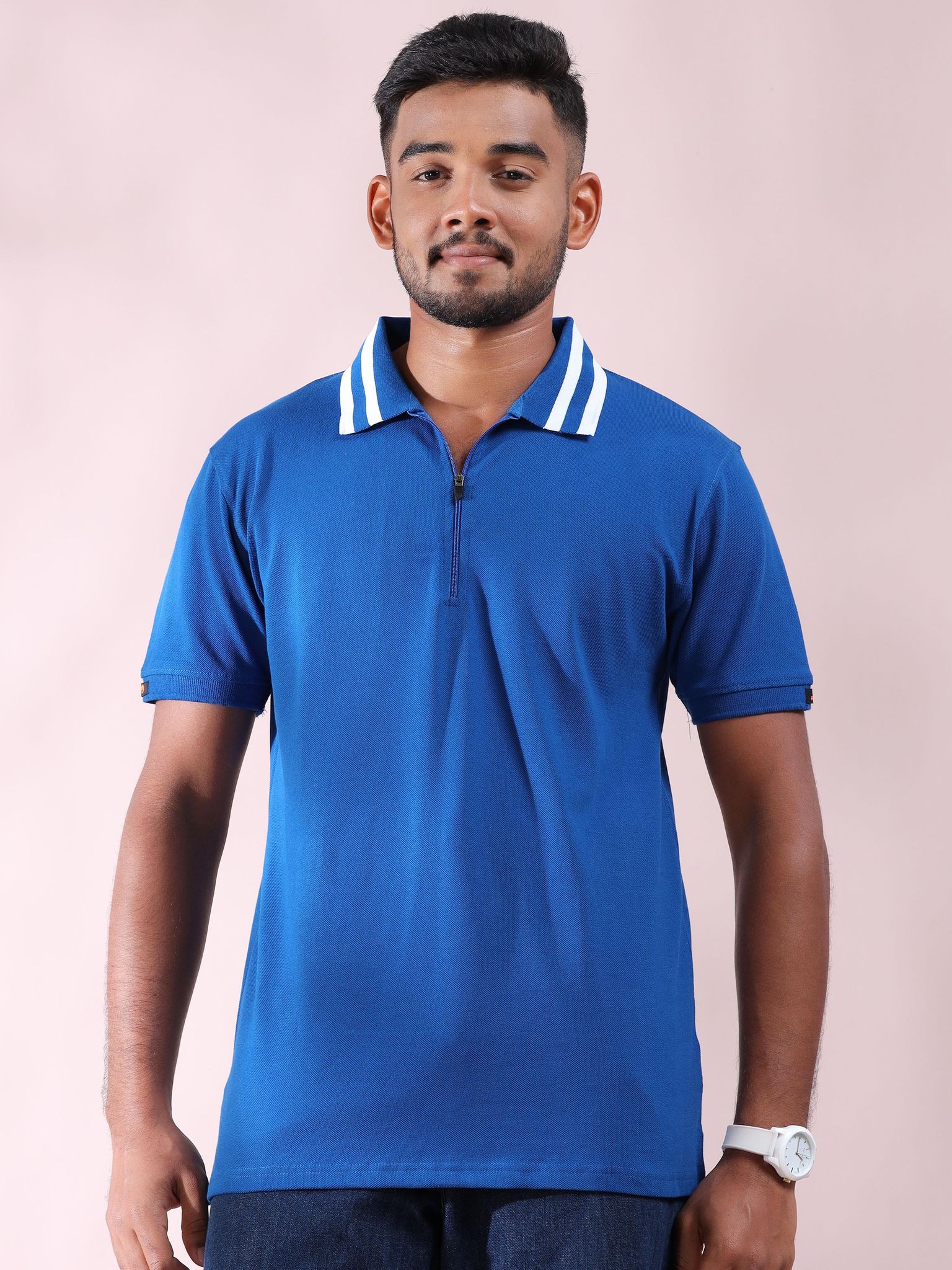 Plus Size White Striped Collar Cerulean Blue Pure Cotton Polo