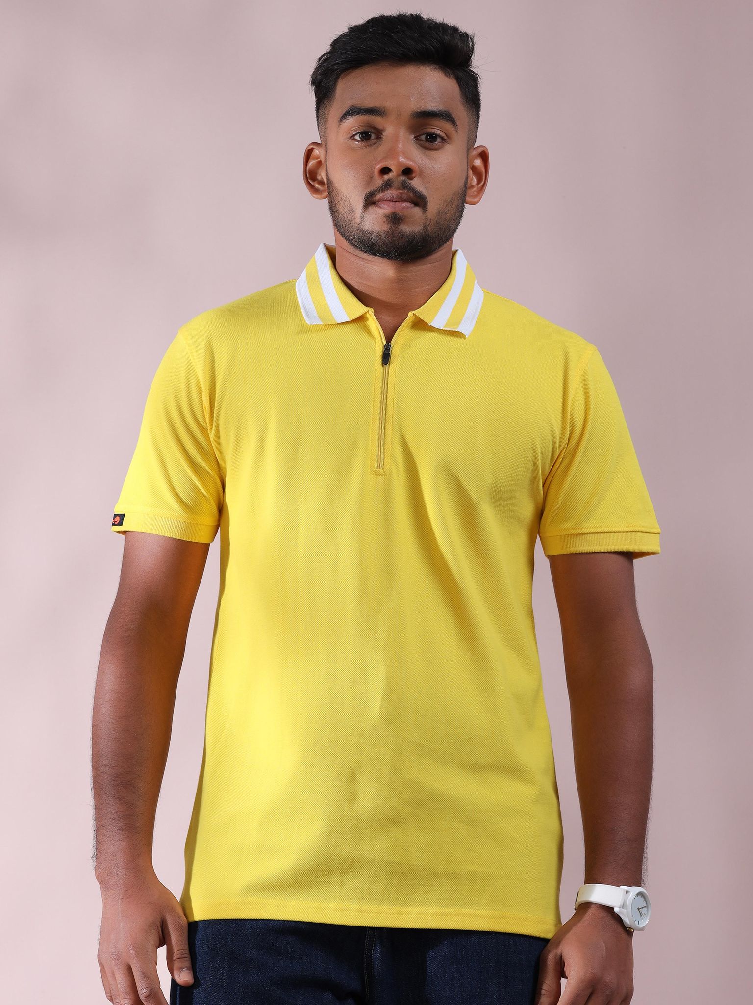 Plus Size White Striped Collar Lemon Yellow Pure Cotton Polo