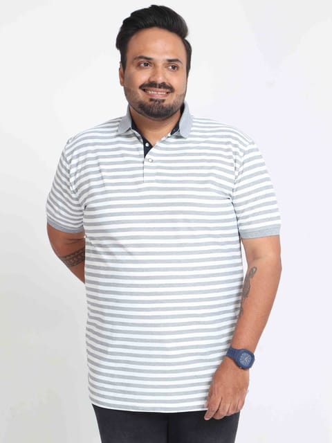 Plus Size White & Grey Stripe Men's Polo T-shirt