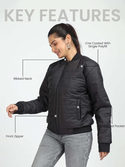 Women Black Bomber Rib Style Jacket