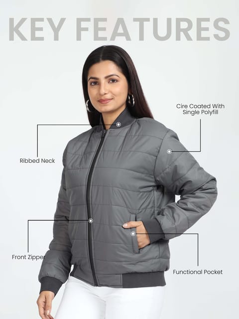 Women Grey Bomber Rib Style Jacket