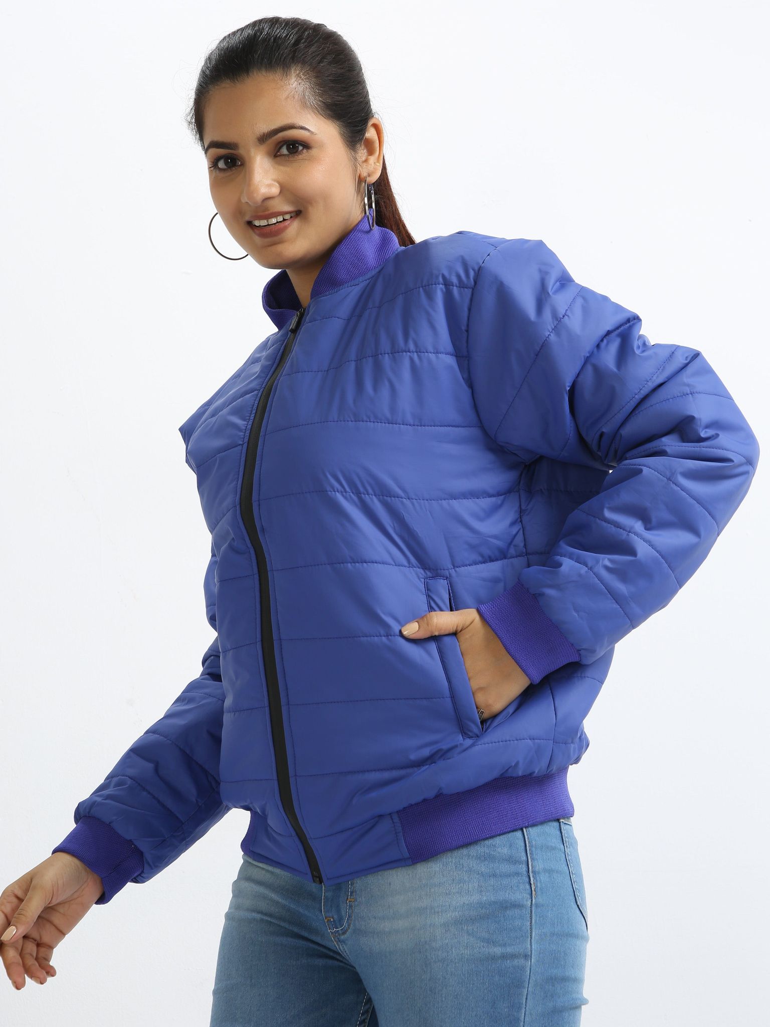 Women Imperial Blue Bomber Rib Style Jacket