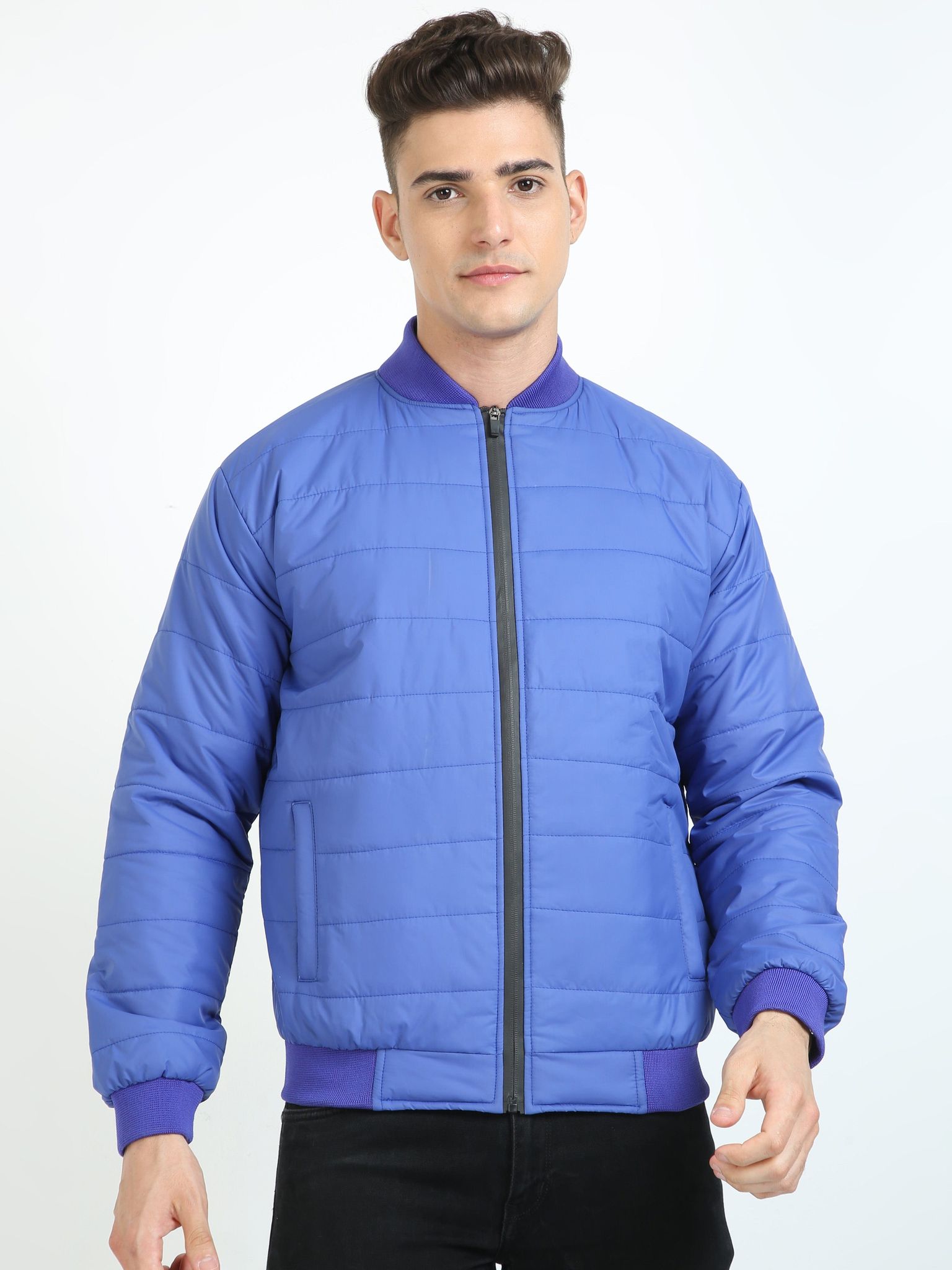 Men Imperial Blue Bomber Rib Style Jacket