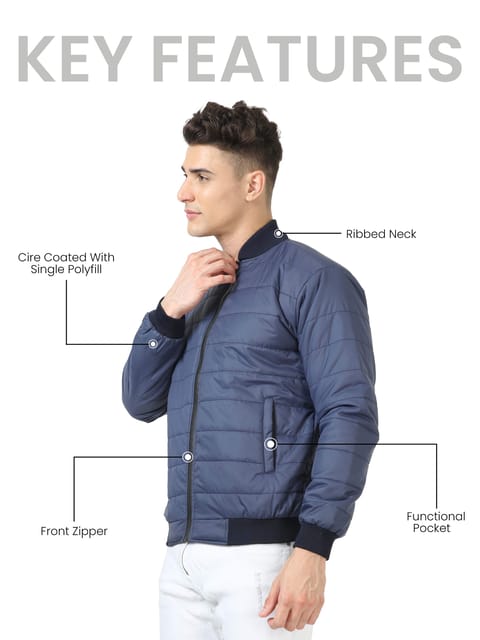 Men Navy Blue Bomber Rib Style Jacket