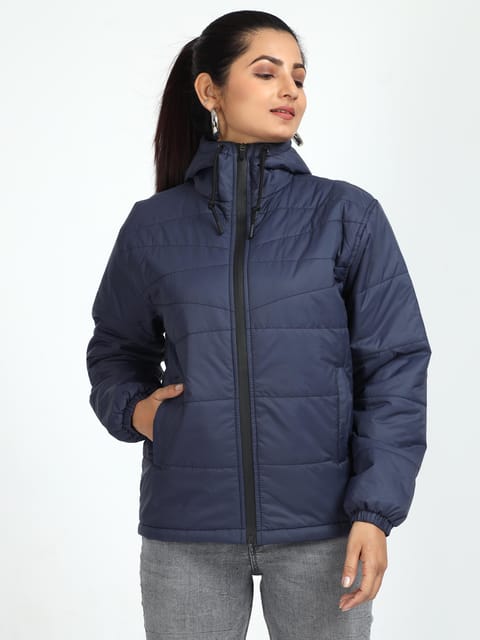 Women Navy Blue Bomber Jacket with Hood