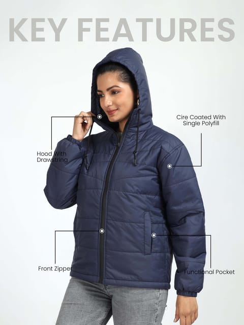 Women Navy Blue Bomber Jacket with Hood