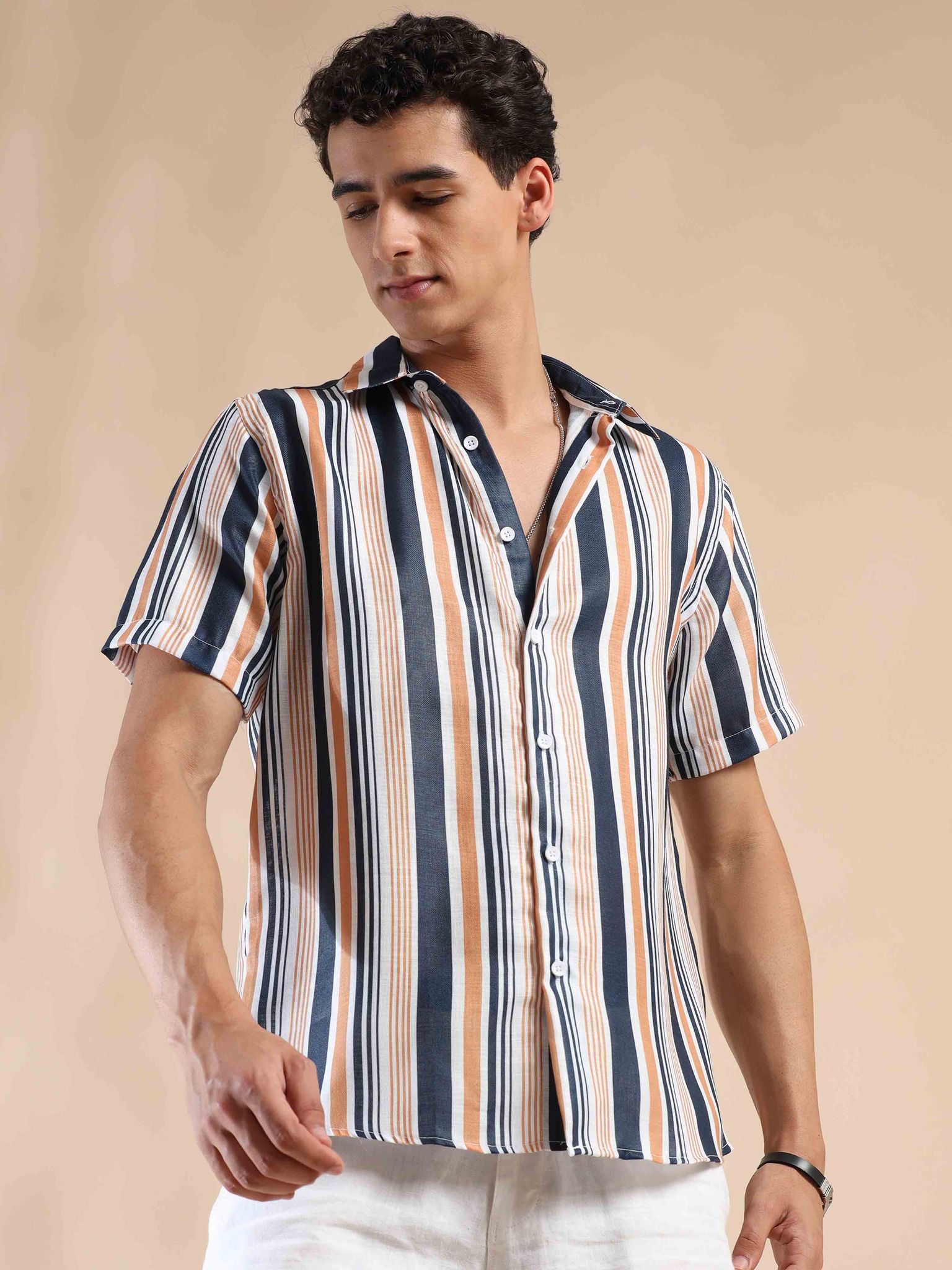 Blue Breeze, Peachy Gleam Stripes Cotton Shirt