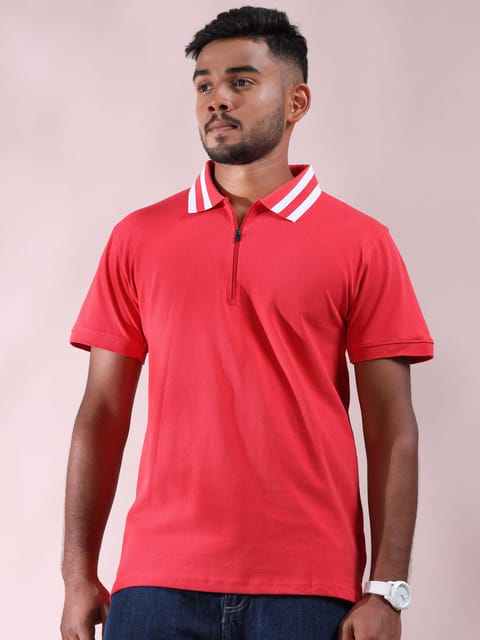 White Striped Collar Deep Carmine Pink Pure Cotton Polo