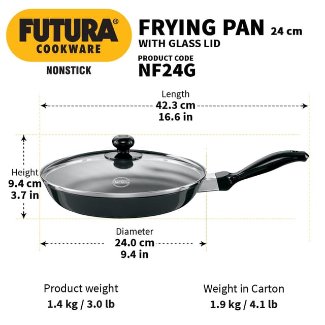 Hawkins Futura 24 cm Frying Pan, Non Stick Fry Pan with Glass Lid, Frypan, Black (NF24G)