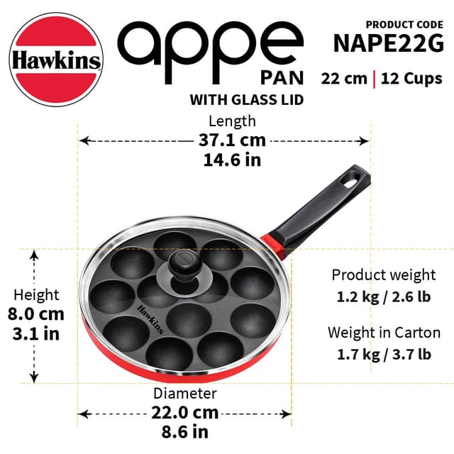 Hawkins Nonstick Appe Pan with Glass Lid, 12 Cups, Diameter 22 cm, Black , Cast Aluminium, Red