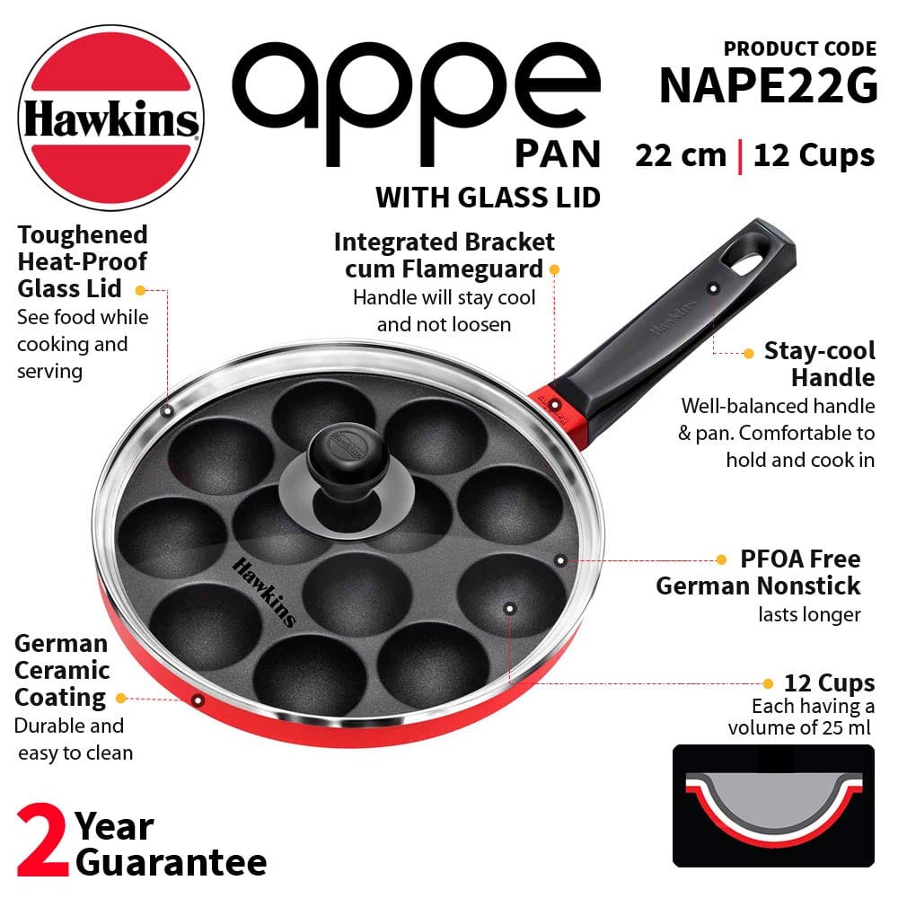 Hawkins Nonstick Appe Pan with Glass Lid, 12 Cups, Diameter 22 cm, Black , Cast Aluminium, Red