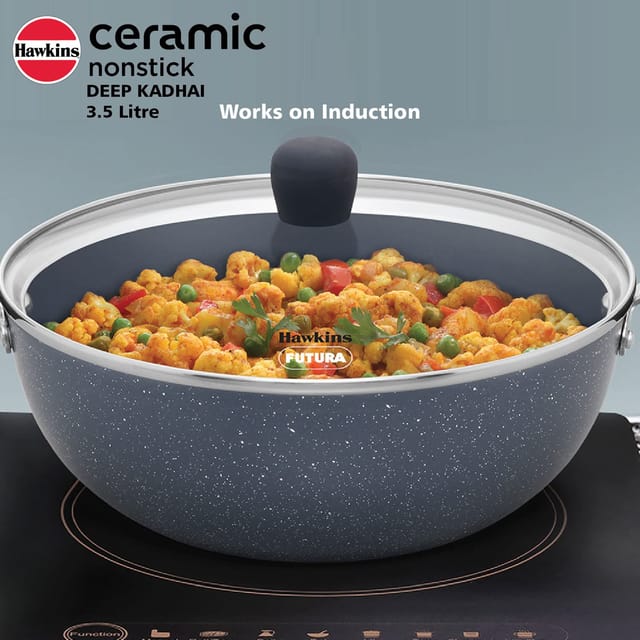 Hawkins Ceramic Nonstick 3.5 litre Deep Kadhai, Induction Deep Fry Pan with Glass Lid, Granite Kadai (ICK35G)